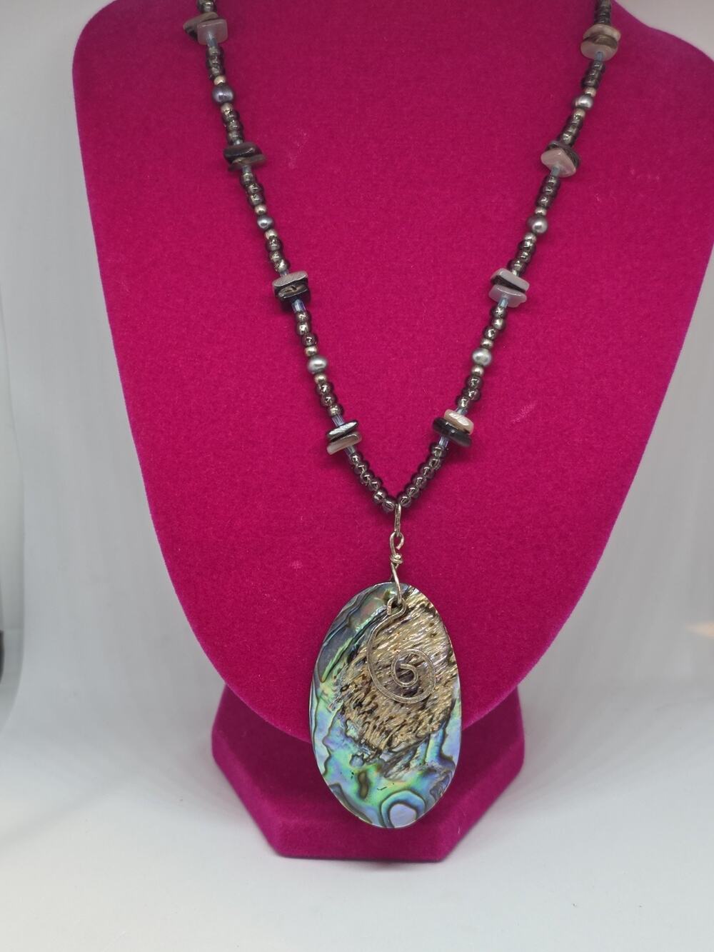Huge Abalone Pendant And Shell Necklace W Sterling Swirl And Clasp Plus Extender